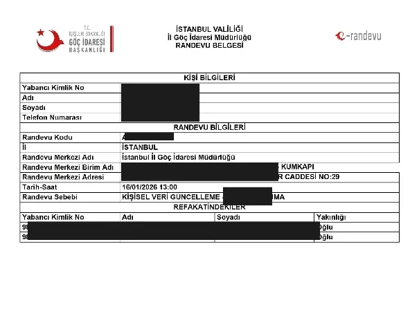Example Immigration Office appointment document – PDF printout showing personal details, appointment center, date and time