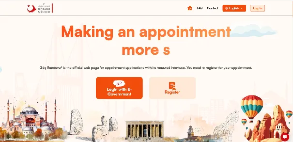 randevu.goc.gov.tr homepage showing Login with e-Government and Register options